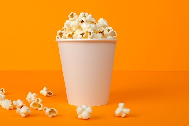 Paper cup with popcorn on color background real photo