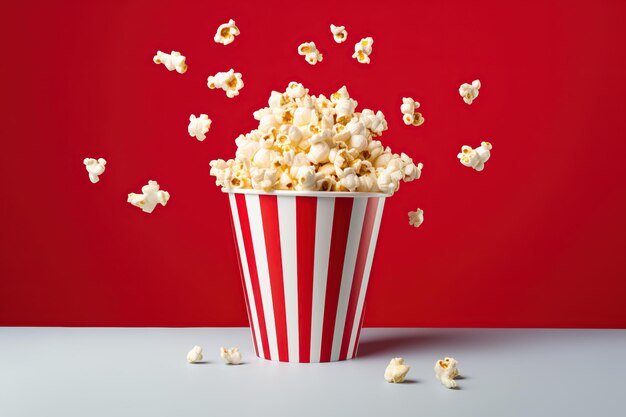 Paper cup with popcorn on red background