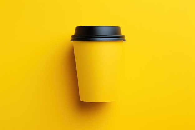 A paper cup on yellow background Top view Coffee to go