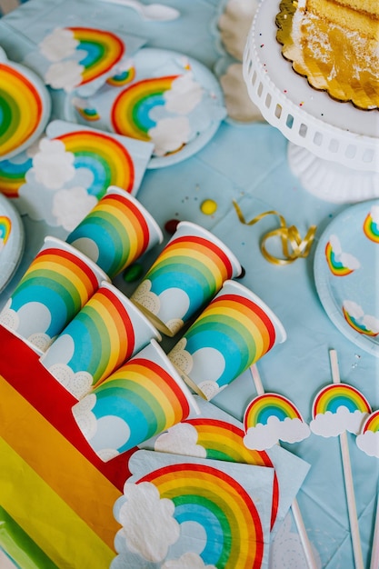 Paper Cups and Straw with Rainbow Theme Photo