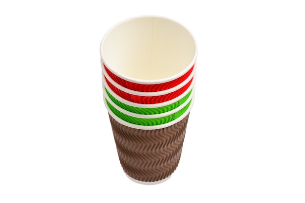 Paper cups for vaious drinks. Red, green, brown. Empty paper cups. Isolated on white.