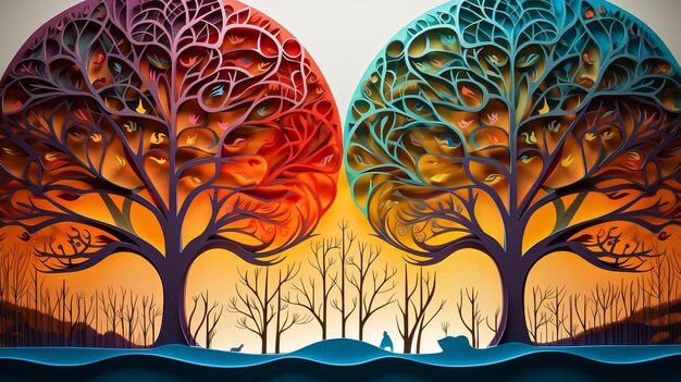 Paper cut art of brain trees with colorful background