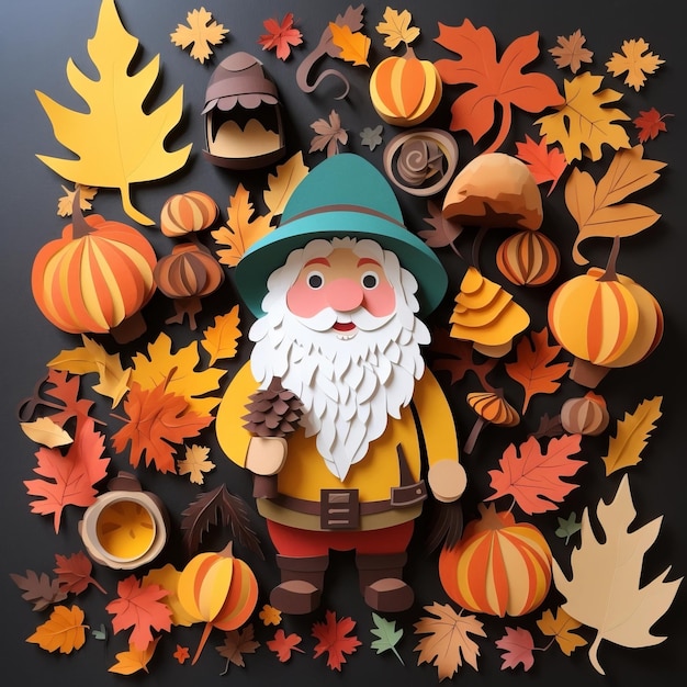 Paper Cut Art Gnome Festive Season Design With Autumn Leaves