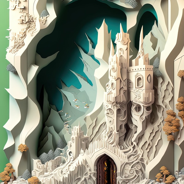 Paper cut art illustration castle and moon elements carved in paper colorful image multidimensional 3d deppth illusion