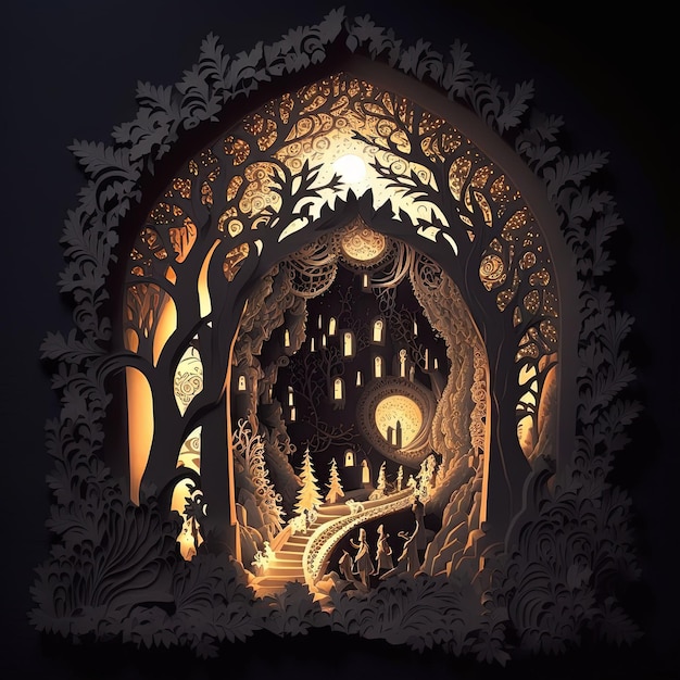 Paper cut art illustration Forest and whild animals elements carved in paper colorful image multidimensional 3d deppth illusion