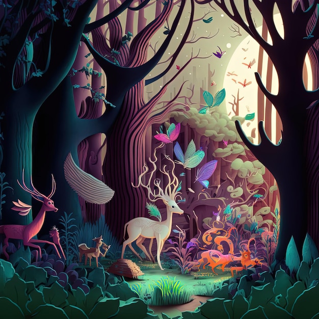 Paper cut art illustration Forest and whild animals elements carved in paper colorful image multidimensional 3d deppth illusion