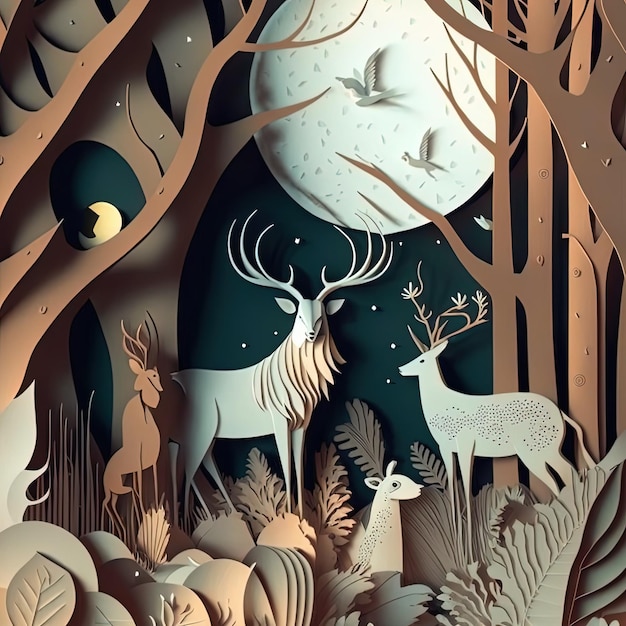 Paper cut art illustration Forest and whild animals elements carved in paper colorful image multidimensional 3d deppth illusion