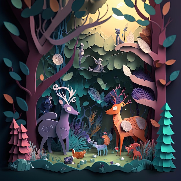 Paper cut art illustration forest and whild animals elements\
carved in paper colorful image multidimensional 3d deppth\
illusion