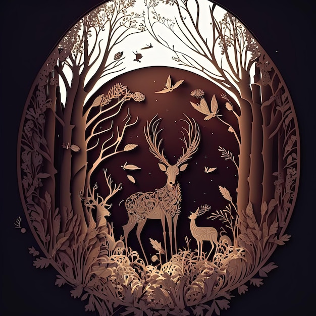 Paper cut art illustration forest and whild animals elements
carved in paper colorful image multidimensional 3d deppth
illusion