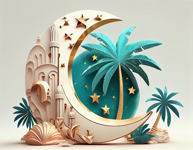 A paper cut art of a moon and palm trees generative ai