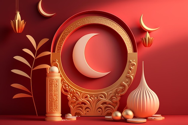 A paper cut art of a moon and a round frame with a golden moon and a vase.