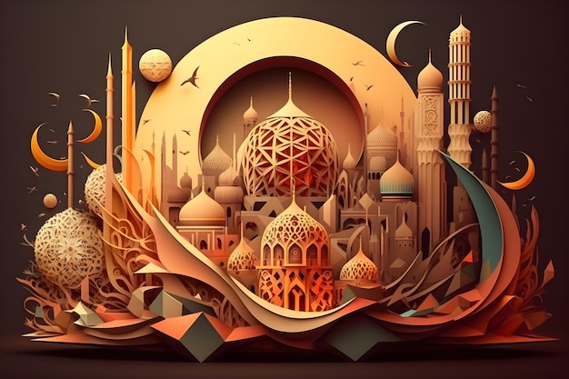 A paper cut art of a mosque and a moon.