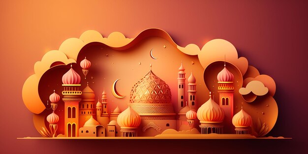 A paper cut art of a mosque and a moon.