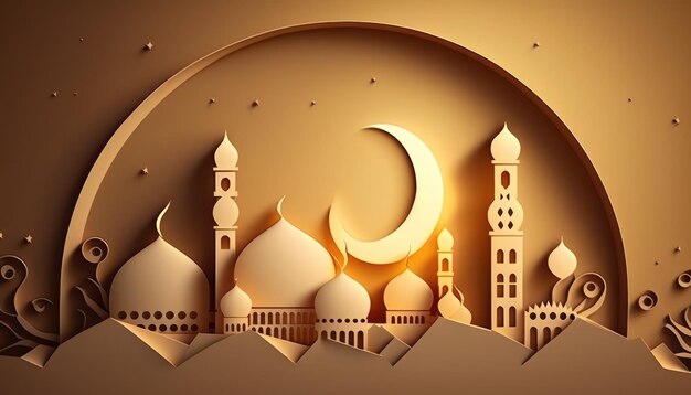 Paper cut art of a mosque and moon