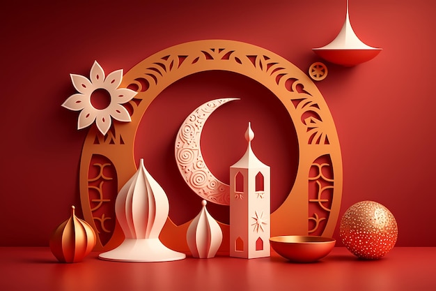 A paper cut art of a mosque and a moon