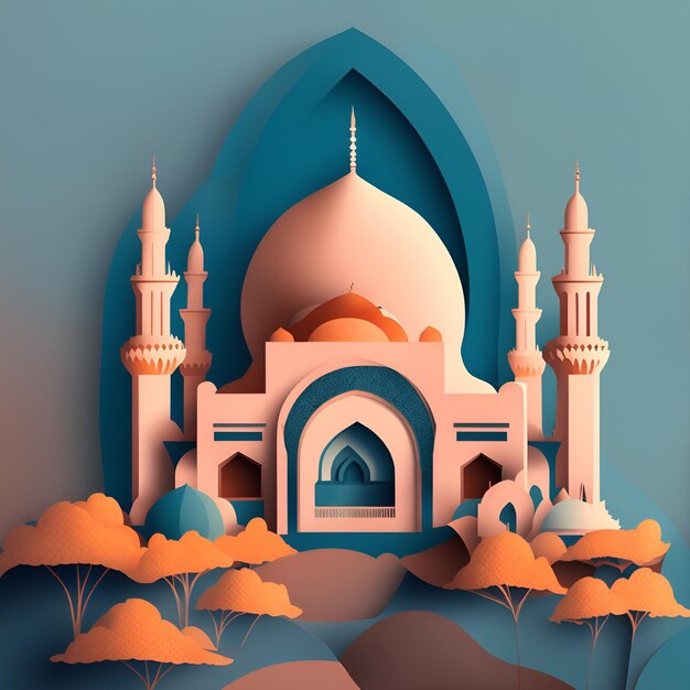 Paper cut art of a mosque with a blue background and the word mosque on the top