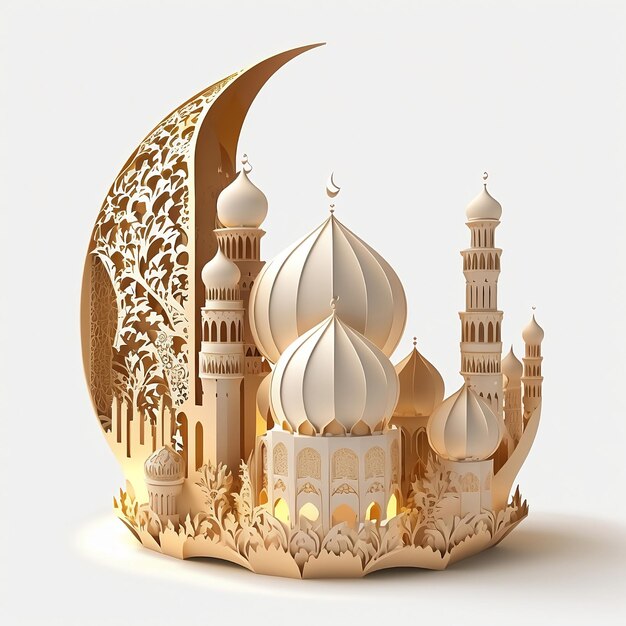 A paper cut art of a mosque with a crescent moon in the background.