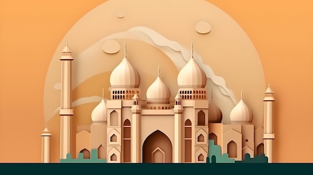 Paper cut art of a mosque with a moon in the background