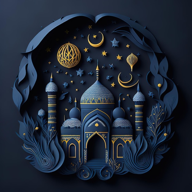 A paper cut art of a mosque with a moon and stars.