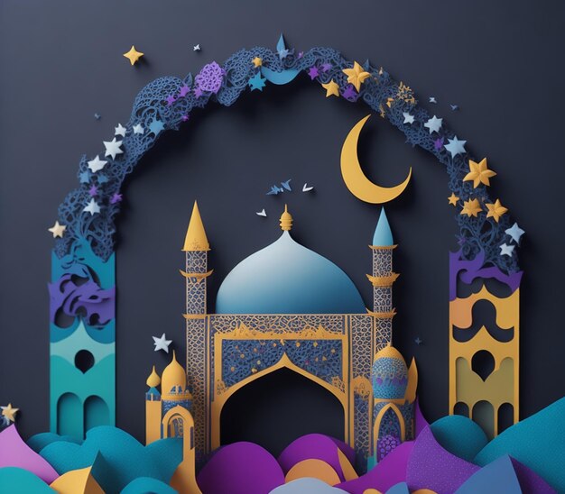 A paper cut art of a mosque with a moon and stars.