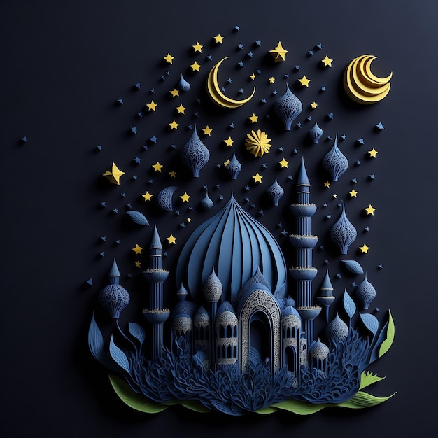 A paper cut art of a mosque with stars and moon