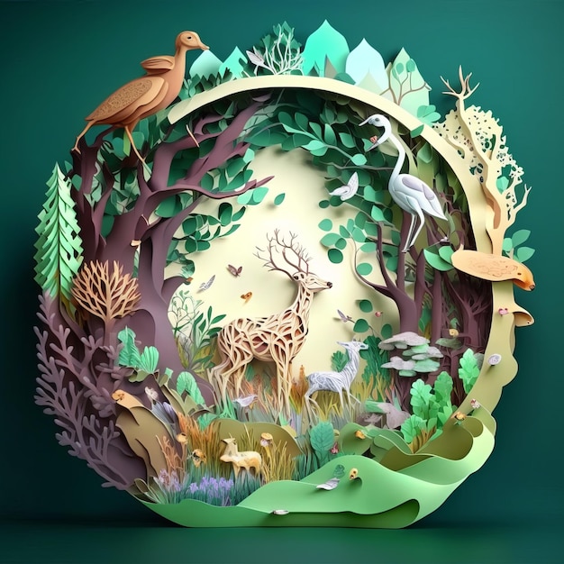 Paper Cut Art - Mother Nature - Protect and Love it. AI Generative.