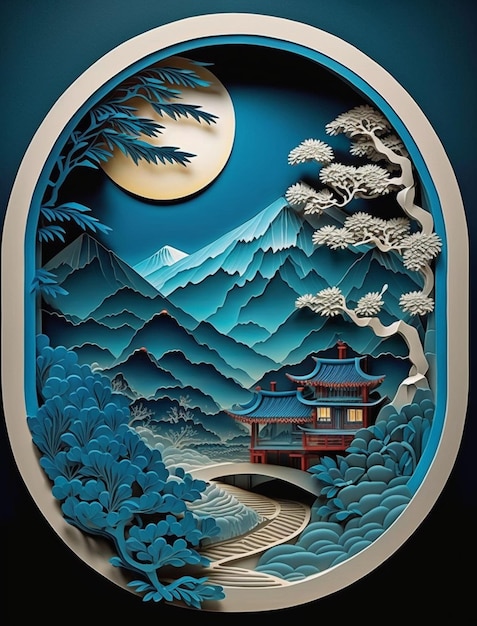 A paper cut art of a mountain landscape with a moon in the background.