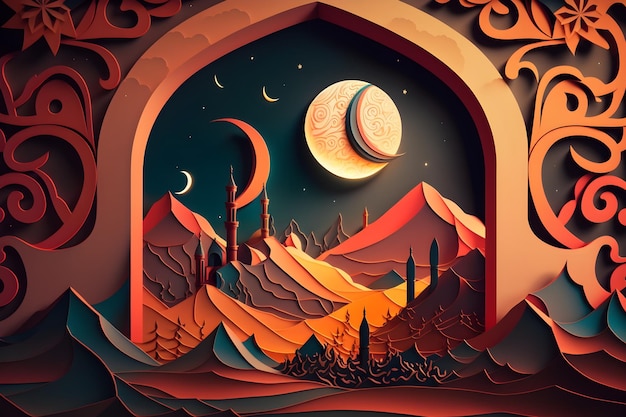 A paper cut art of a mountain and a moon