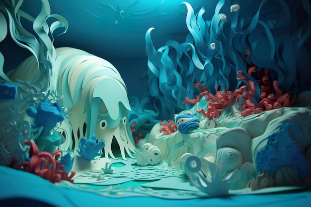 Paper cut art ocean 3D model