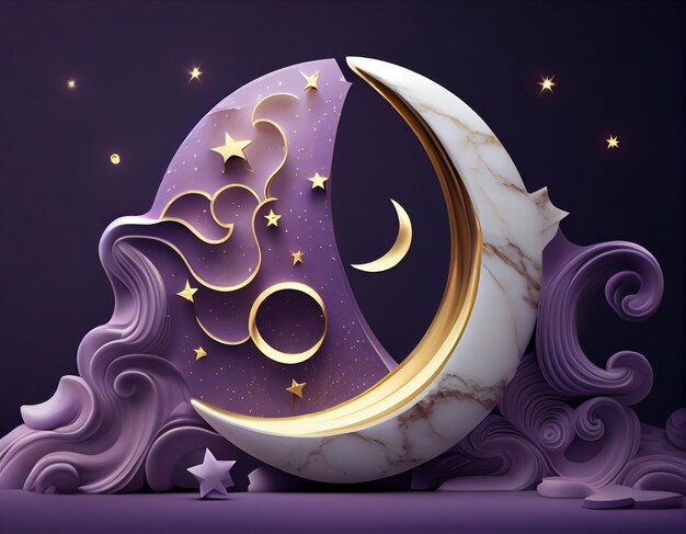 A paper cut art piece of a moon with gold stars and a purple background ai generated