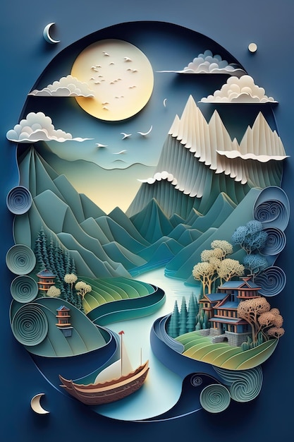 A paper cut art of a river with mountains and a boat in the distance.