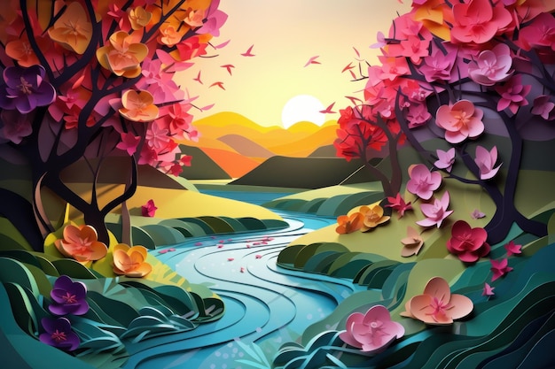 A paper cut art of a river with a sunset in the background.