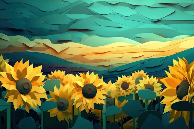 A paper cut art of sunflowers in a field.