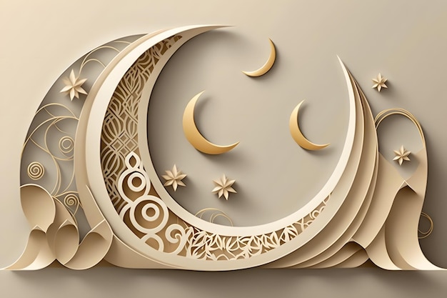 Paper cut art with a crescent moon and stars.