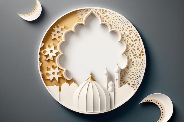 Paper cut art with a mosque and the moon on the background.