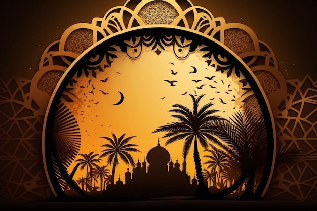 A paper cut art with a mosque and palm trees