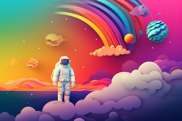 Paper cut of an astronaut in a colorful background