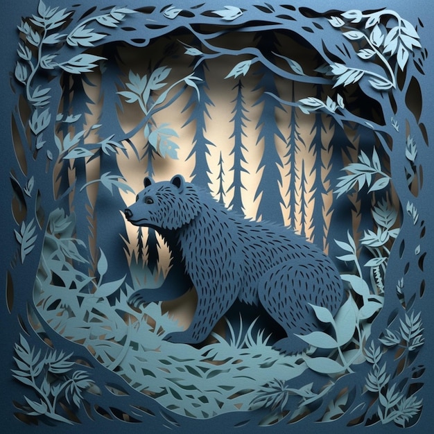 A paper cut of a bear in the forest.