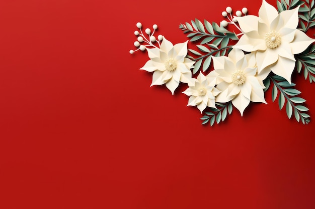 Paper cut beige poinsettia flower on red background Copy space surface with origami winter holiday