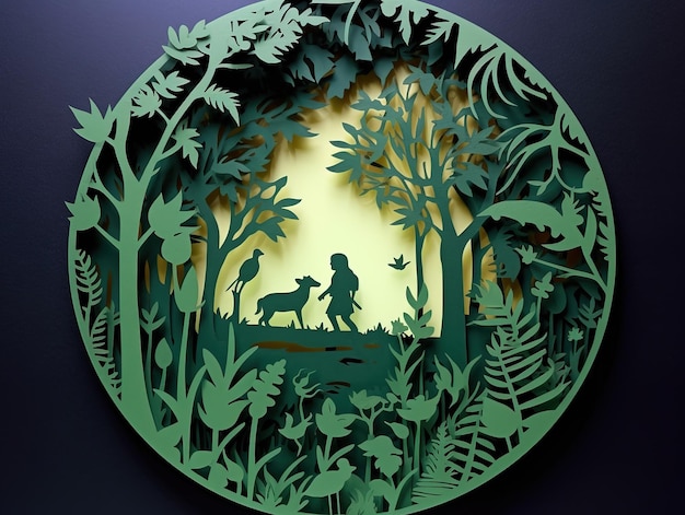 A paper cut of a boy and a dog in a forest.