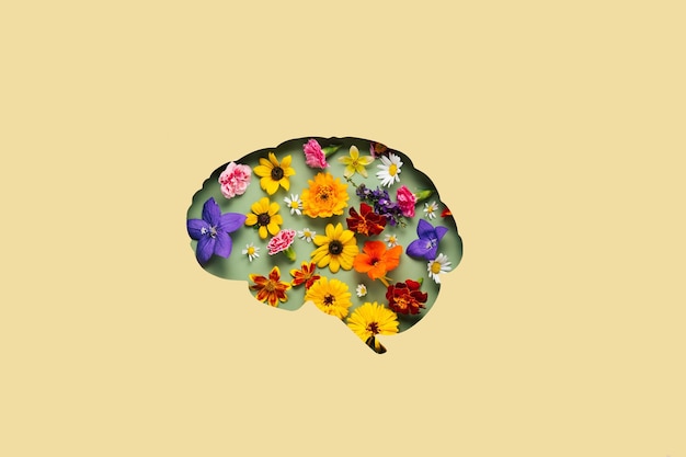 Paper Cut Brain Symbol And Flowers On Yellow Background