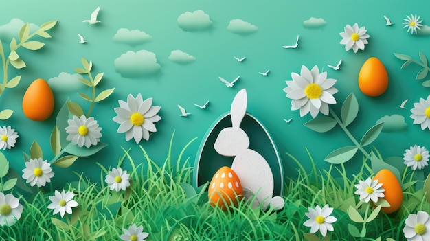 A paper cut bunny surrounded by flowers eggs and grass in a natural landscape aige