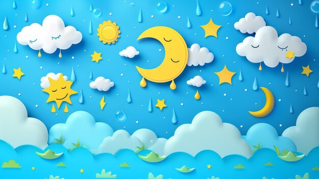 Paper cut cartoon weather icons on blue sky background Modern illustration Sun clouds drops of rain lightning crescent moon and stars