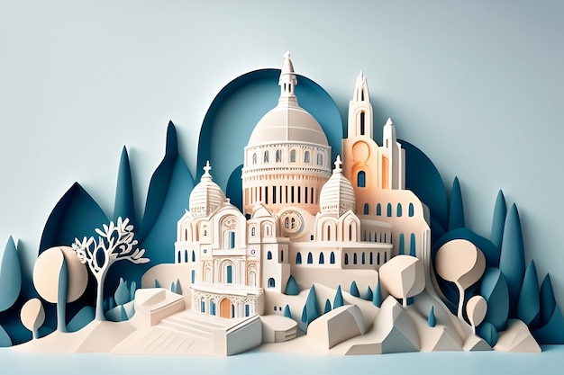 A paper cut of a cathedral with the word montmartre on it.