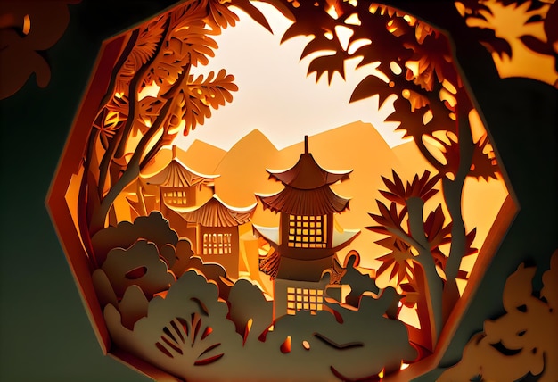 Photo a paper cut of a chinese city with a mountain in the background.