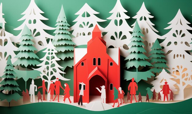 a paper cut christmas poster with 3d paper craft children playing outside of a small church