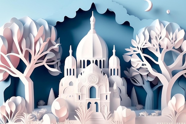 A paper cut of a church with the moon behind it.