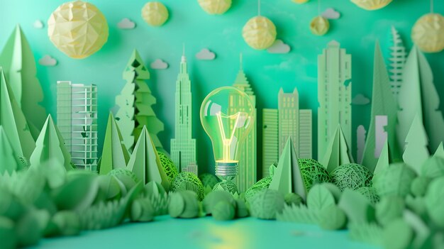 Photo paper cut city with light bulb