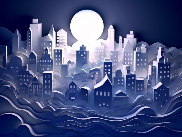 A paper cut of a city with a moon in the background