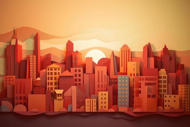 A paper cut city with a sun setting behind it.